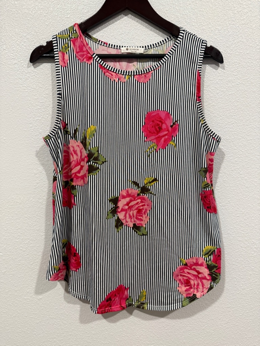 Striped Black & White Tank Top with Pink Rose Print Bombom